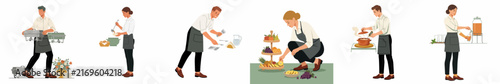 Set of flat vector illustrations of professional catering staff, including waiters and waitresses, serving food and beverages in a restaurant or event setting.