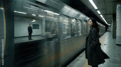 Woman waiting at a subway station as a train rushes past in urban setting