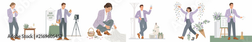 Set of Wedding and Event Planner Illustrations Showing Various Stages of Celebration Preparation and Coordination