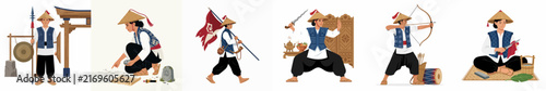 Collection of six illustrations depicting an ancient Vietnamese warrior in various poses including combat, writing, and guarding.