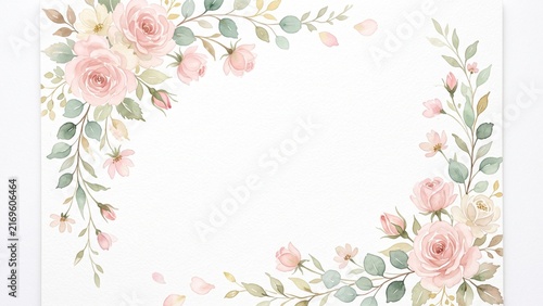 Elegant hand painted watercolor border with delicate botanical florals framing generous white copy space. Perfect for wedding invitations, greeting cards, stationery, branding, and premium templates.