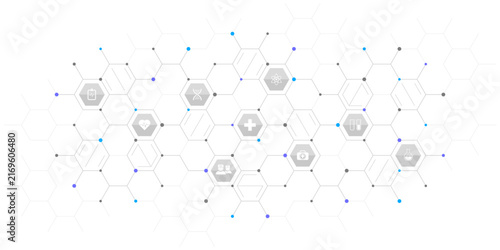 Medical background and healthcare technology with flat icons and symbols. Concept and idea for health care business, innovation medicine, health safety, science, medical research, and development.
