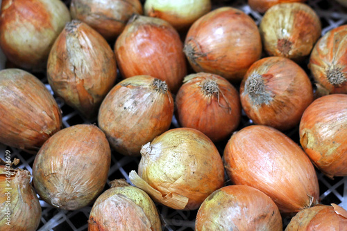 Close-Up Heap Of Brown Onions Fresh Onion Produce Displayed In Market Basket