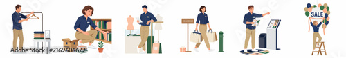 Set of retail workers characters performing various duties such as shelf stocking, customer assistance, and sale preparation in a modern flat vector style.