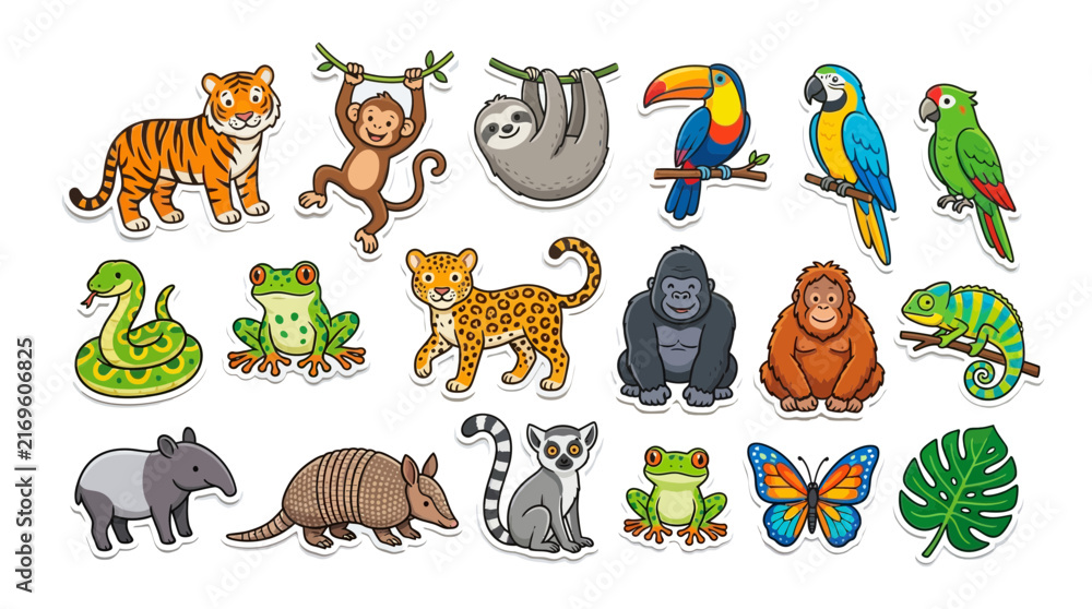 Naklejka premium Collection of colorful animal illustrations featuring jungle and rainforest creatures