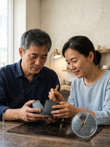 Couple crafting pottery together in a cozy workspace atmosphere with natural light