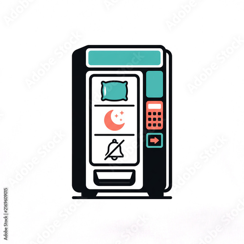 Sleep and relaxation vending machine icon dispensing pillow, night moon, and silence symbols, vector flat illustration