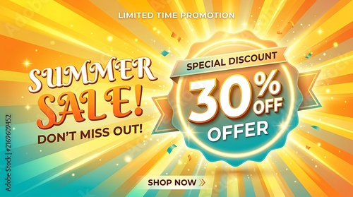 Promotional Sunburst Discount Banner Featuring Thirty Percent Off Offer Badge with Light Burst Effect Background sale discount promotion price offer sunburst sun rays gradient banner light burst