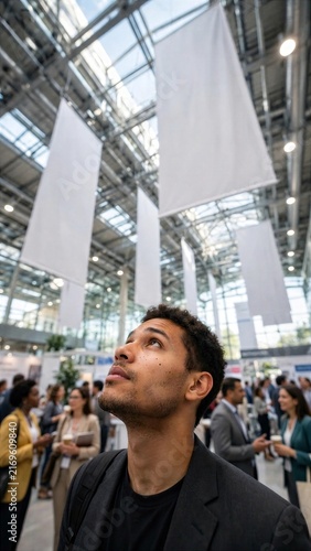 Man Looking Up Inside Bright Conference Atrium