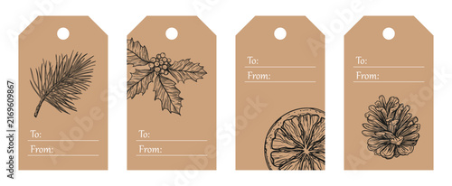 Set of christmas vintage gift tag designs with hand drawn   bitanical illustrations and spaces for names on brown paper