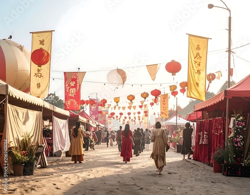 People walking through a traditional Asian street market decorated with red lanterns and banners during a festive celebration.