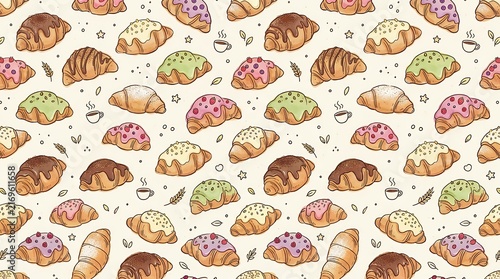 Continuous Pattern of Petite Hand Drawn Sweet Baked Croissants with Colorful Frosting Toppings croissant pattern seamless bakery sweet pastry mini cute doodle icing chocolate vanilla pistachio berry