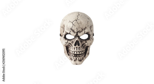Konstfotografi Weathered human skull mask with cracks and hollow eyes