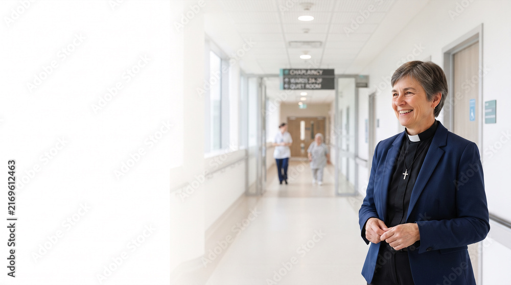 Fototapeta premium Clergywoman in clergy attire smiling in hospital corridor with patients blurred in background