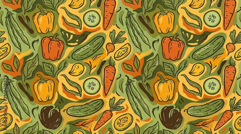 Continuous Seamless Vegetable Featuring Pods Sweet Peppers Fresh Cucumbers And Root Carrots For Organic Diet Graphics vegetable pattern seamless continuous repeat garden organic fresh pepper cucumber