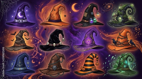 Collection Of Spooky Pointed Magic Hats ElementsFor Seasonal October Holiday Banner Design Trends witch hat halloween spooky wizard magic costume accessory seasonal october holiday design set