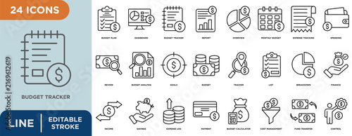 Budget tracker  line icon set with editable stroke for budget plan, dashboard, report, overview, monthly budget, expense tracking, spending