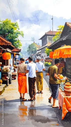 People Walking Through A Traditional Balinese Market Street In Indonesia.