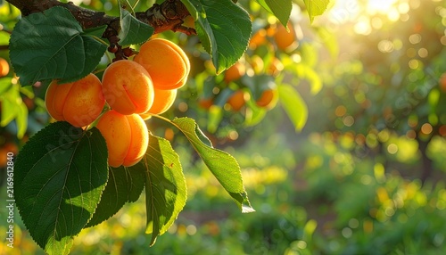 Ripe apricots hanging on a tree branch in a sunny orchard with lush green leaves