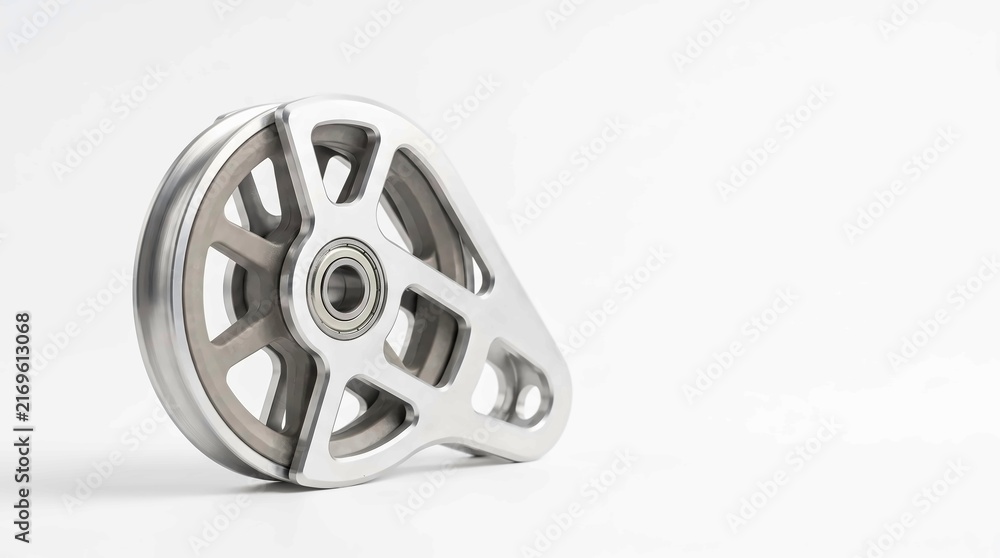 Obraz premium Polished steel pulley block featuring a central ball bearing, smooth metallic finish, modern industrial design, and intricate spoke cutout construction