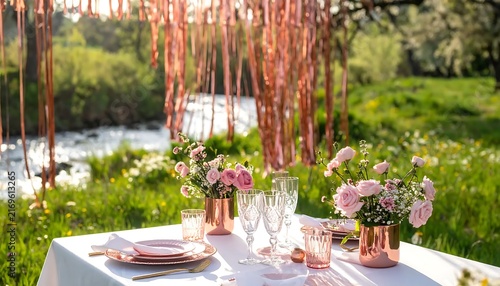 Romantic outdoor garden picnic table setting with floral decorations and streamers.