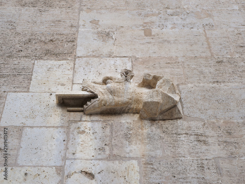 Ancient stone gargoyle waterspout shaped like dragon head on historical castle wall. European medieval architecture guides, gothic history articles or fantasy book cover design
