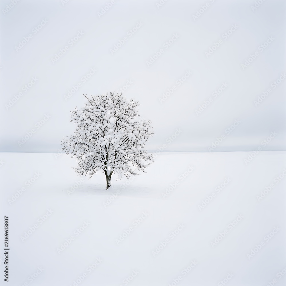 Fototapeta premium Solitary snow covered tree in a vast white winter landscape.