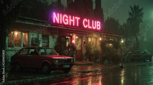 Nighttime club with neon sign and cars parked on wet street