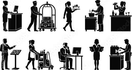 Hotel Hospitality Staff Silhouettes, Professional Service Workers in Reception Dining and Guest Assistance Roles