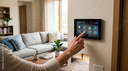Woman's hand interacting with a smart home control panel on a wall in a modern living room.
