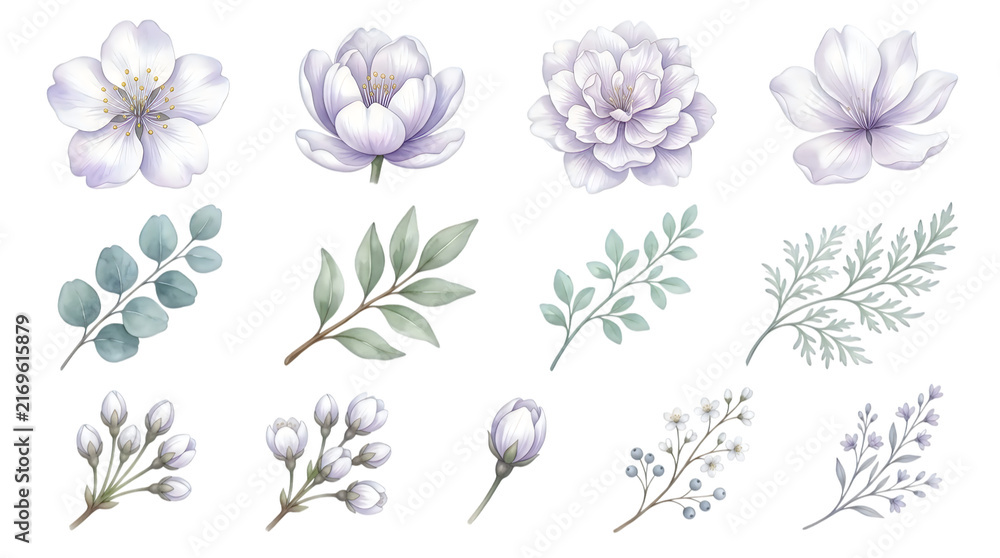 Fototapeta premium Watercolor floral illustration set with blooming flowers and botanical leaves on white background