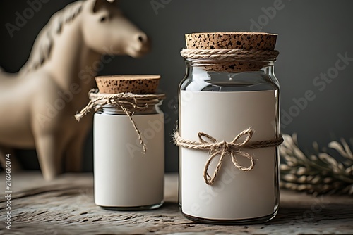 IA generated Swedish dalarna horse barn wood jar mockup. Nordic hygge artisanal food labeling template with reclaimed texture.
