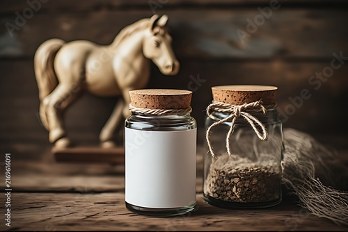 IA generated Swedish dalarna horse barn wood jar mockup. Nordic hygge artisanal food labeling template with reclaimed texture.
