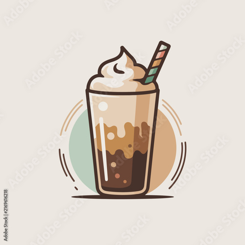Iced coffee drink vector illustration, layered cold beverage with whipped cream and striped straw for cafe menus, summer drinks, packaging and branding.