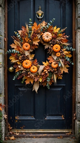 Autumn Wreath With Pumpkins on Dark Front Door