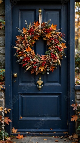 Colorful Fall Wreath Hanging on Navy Blue Front Door