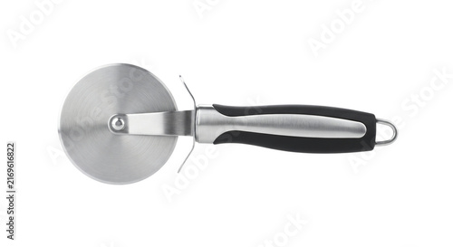 Fotografie Stainless steel pizza cutter with black handle