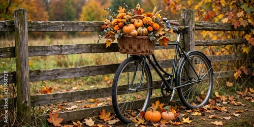 Vintage Bicycle With Basket of Pumpkins by Autumn Fence