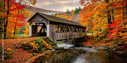 Covered Bridge Over Creek Surrounded by Autumn Foliage