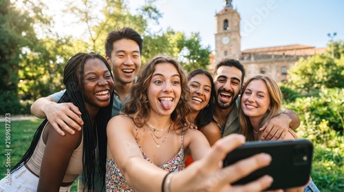 Diverse group of friends taking a selfie outdoors on a sunny day near a historic building