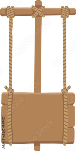Rustic Hanging Wooden Signboard Frame, Blank Brown Wood Plaque Notice Board Element with Copy Space for Your Design, Single Object Cartoon Banner Sticker Minimalist Flat Vector Illustration