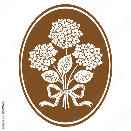 Hydrangea bouquet brown oval emblem vector icon, floral blossom tied with bow ribbon element in frame. Vector hand drawn illustration