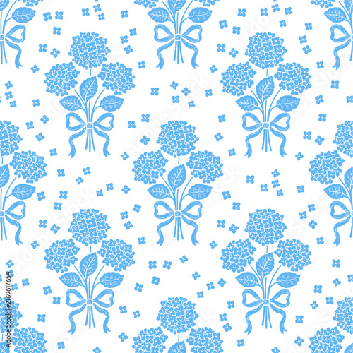 Blue hydrangea bouquet seamless pattern vector background, floral blossom print for textile, fabric, wallpaper and wedding decor