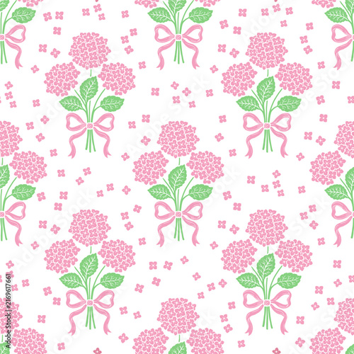 Pink hydrangea bouquet seamless pattern vector background, floral blossom print for textile, fabric, wallpaper and wedding decor