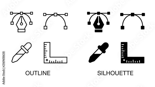 Cuadro en lienzo Graphic Design Tools Set: A set of icons illustrating essential graphic design tools, including a pen tool, bezier curve, eyedropper, and ruler, presented in both outline and silhouette styles