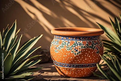 IA generated Talavera dot terracotta planter mockup. Mexican botanical shop branding template with sun-baked clay texture.
