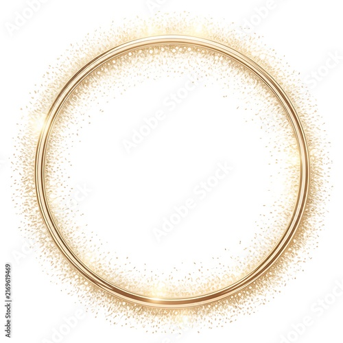 Gold circle frame with glittering stardust overlay. Thin metallic round border with light effect isolated on transparent background