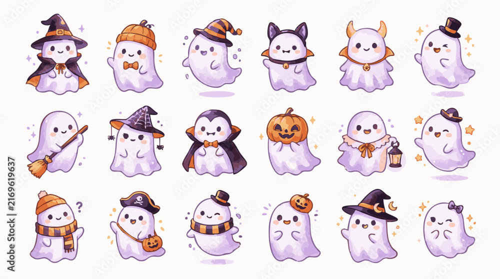 Fototapeta premium Set of cute cartoon ghosts for halloween, featuring various costumes, hats, pumpkins, and accessories on a white background