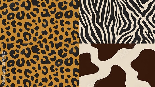 Seamless fashionable patterns with animal skins. Abstract geometric backgrounds with spotted and striped patterns. Collection of decorative textures from leopard, cow skins and zebra fur. 
