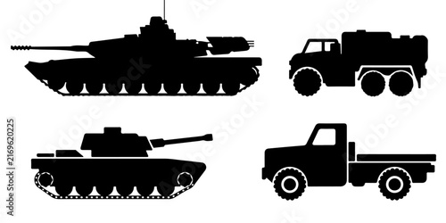 Armored military tanks and transport truck silhouette collection
Army combat vehicles and tactical truck silhouettes
Military armored vehicle collection for defense and patriotic designs